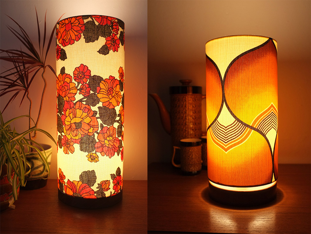 Two hand made wooden lamps with retro cylinder shades